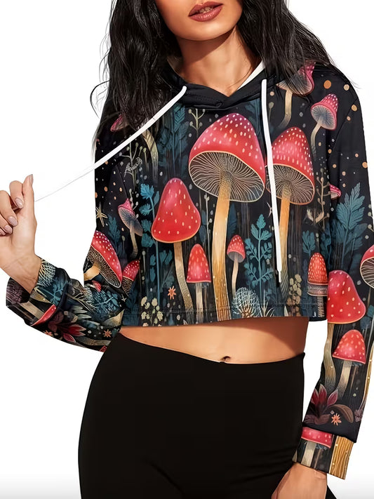 pic 1 Psychedelic mushroom cropped hoodie with red toadstool forest festival design
