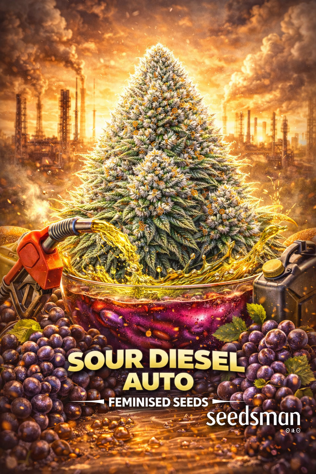 Hyper-realistic promotional image of a large frosty Sour Diesel Auto cannabis bud with dense green and orange pistils, set against a fiery industrial oil-refinery skyline. A petrol nozzle pours golden diesel fuel around the bud into a reflective bowl, with grapes and metallic elements surrounding the scene. Bold “Sour Diesel Auto Feminised Seeds” text appears at the bottom with the Seedsman logo.