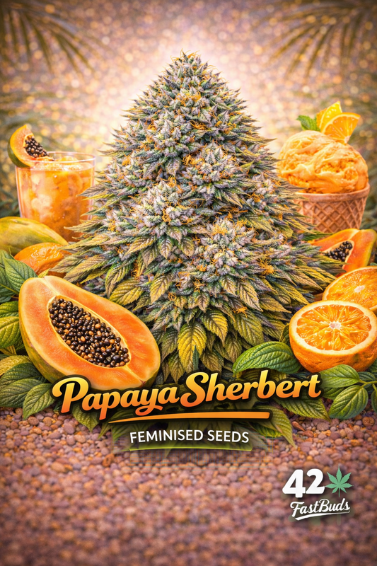 A frosty Papaya Sherbert cannabis plant with tropical papaya and citrus accents, with the strain name and Fast Buds logo clearly shown.