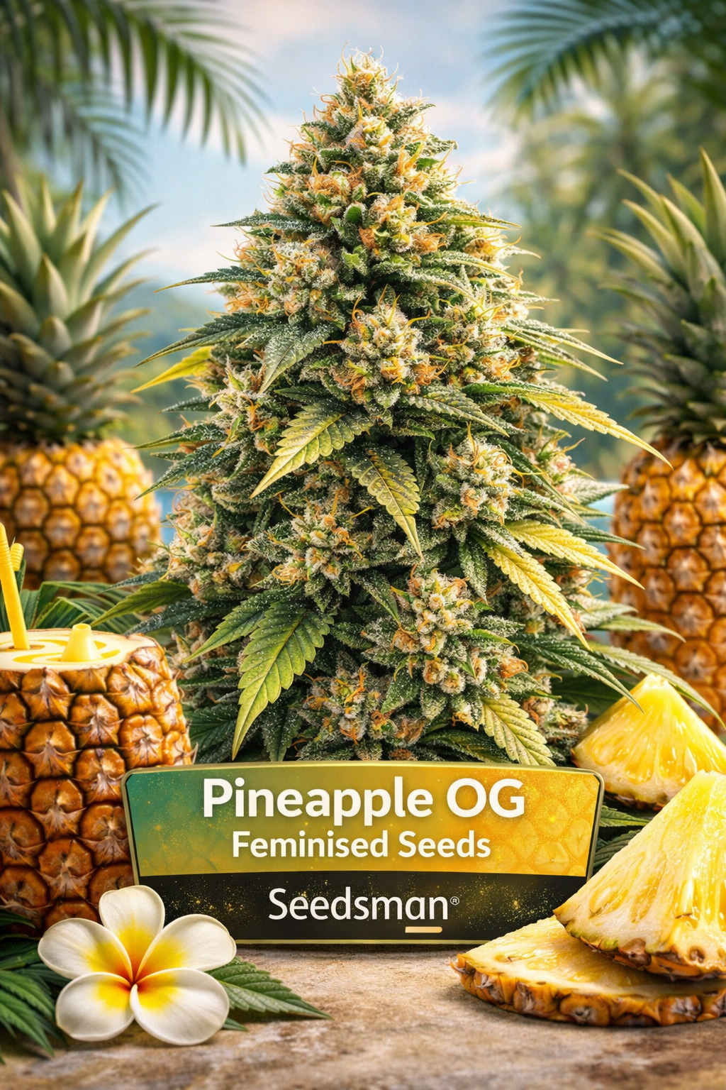 Pineapple OG Feminised cannabis plant by Seedsman, shown as a dense, frosty, pyramid-shaped hybrid with yellow-green buds and bright orange pistils, photographed in a tropical pineapple-themed setting with whole pineapples, sliced fruit, palm leaves and a stylised strain name label in the foreground.