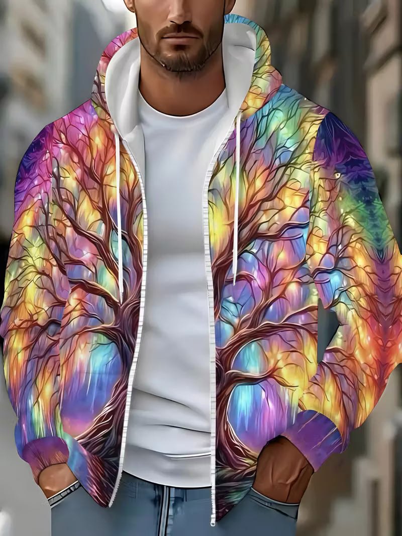 Beautiful Psychedelic rainbow tree zip hoodie with glowing forest reflection festival design