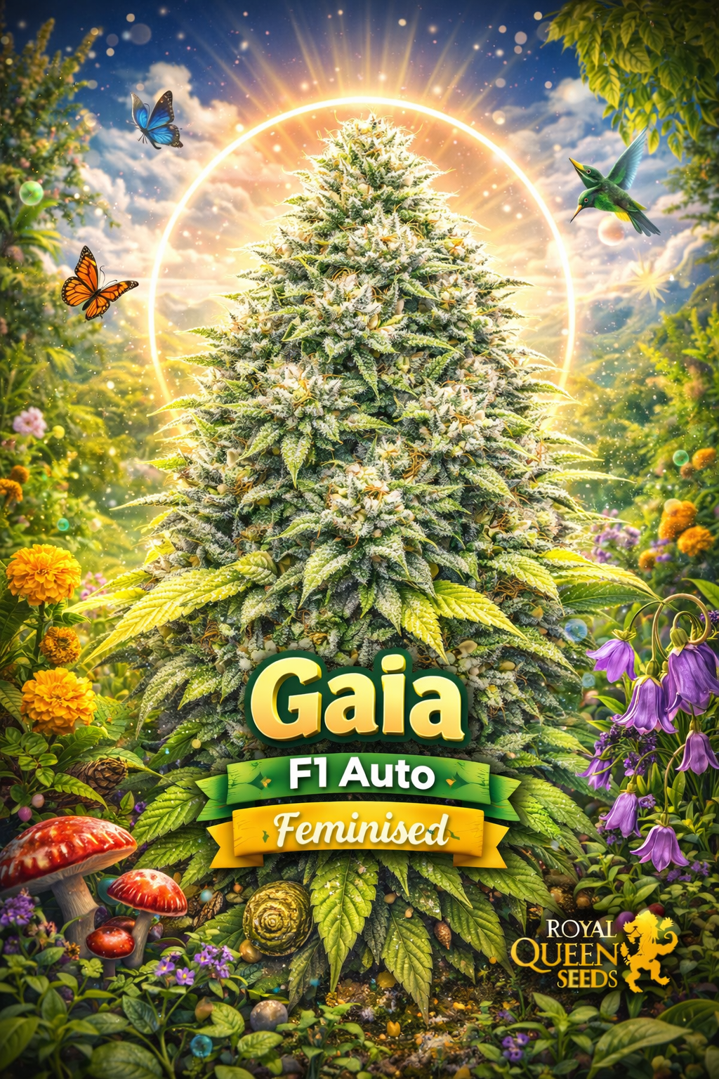 Gaia F1 Auto Feminised cannabis plant in a bright nature-themed promo scene with glowing sun halo, butterflies, mushrooms, flowers, and Royal Queen Seeds branding.