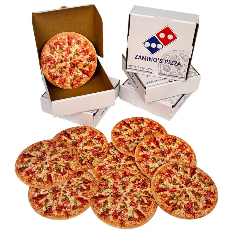 Multiple pizzas in boxes with a Domino's pizza box in the background