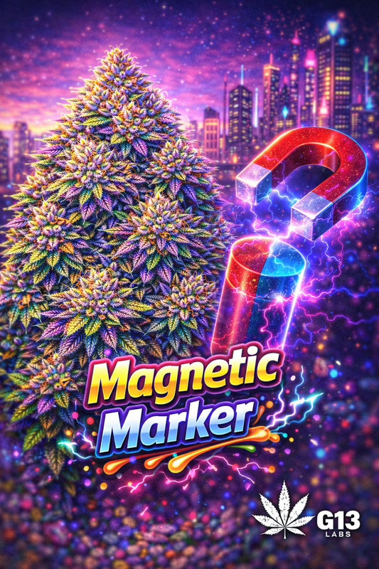 Hyper-realistic promotional artwork for Magnetic Marker Feminised Seeds by G13 Labs, featuring a dense, colourful cannabis plant with frosty buds and vivid contrasting leaf tones, set against a bright artistic backdrop with paint-marker themed elements, bold strain text, and the G13 Labs logo.