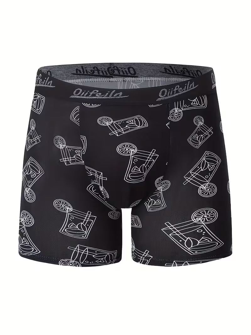 Black boxer briefs with white graphic design on a white background