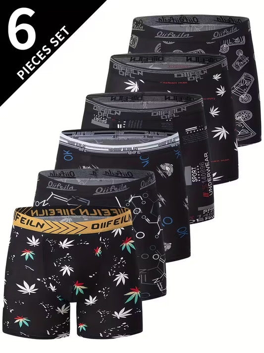Men’s cannabis leaf print boxer briefs six-pack with assorted graphic designs