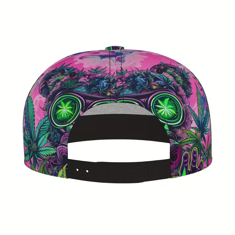 Bear and cannabis leaf graphic snapback baseball cap with colourful illustrated design