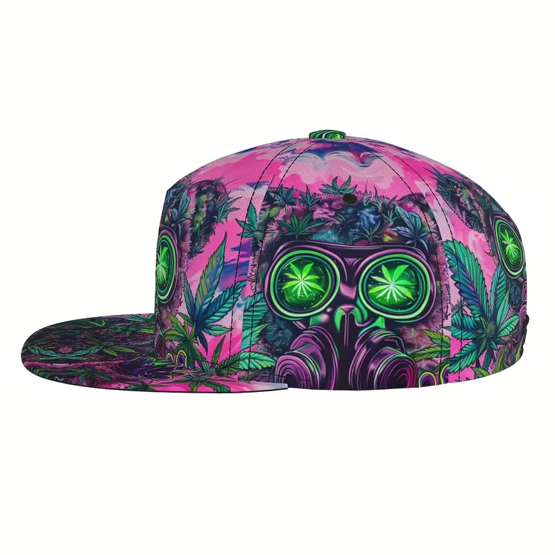 Bear and cannabis leaf graphic snapback baseball cap with colourful illustrated design