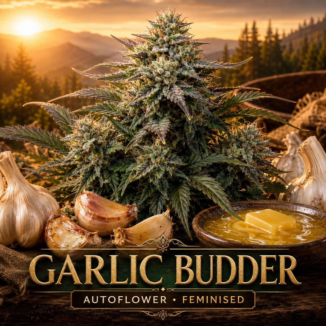 A cannabis flower bud labeled 'GARLIC BUDDER' with garlic bulbs, garlic cloves, and a bowl of butter arranged in front of a mountain landscape at sunset. Text at the bottom reads 'GARLIC BUDDER' and 'AUTOFLOWER • FEMINISED'.