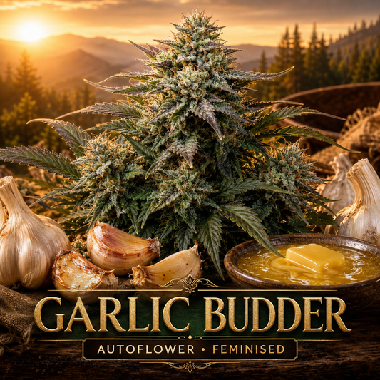 A cannabis flower bud labeled 'GARLIC BUDDER' with garlic bulbs, garlic cloves, and a bowl of butter arranged in front of a mountain landscape at sunset. Text at the bottom reads 'GARLIC BUDDER' and 'AUTOFLOWER • FEMINISED'.
