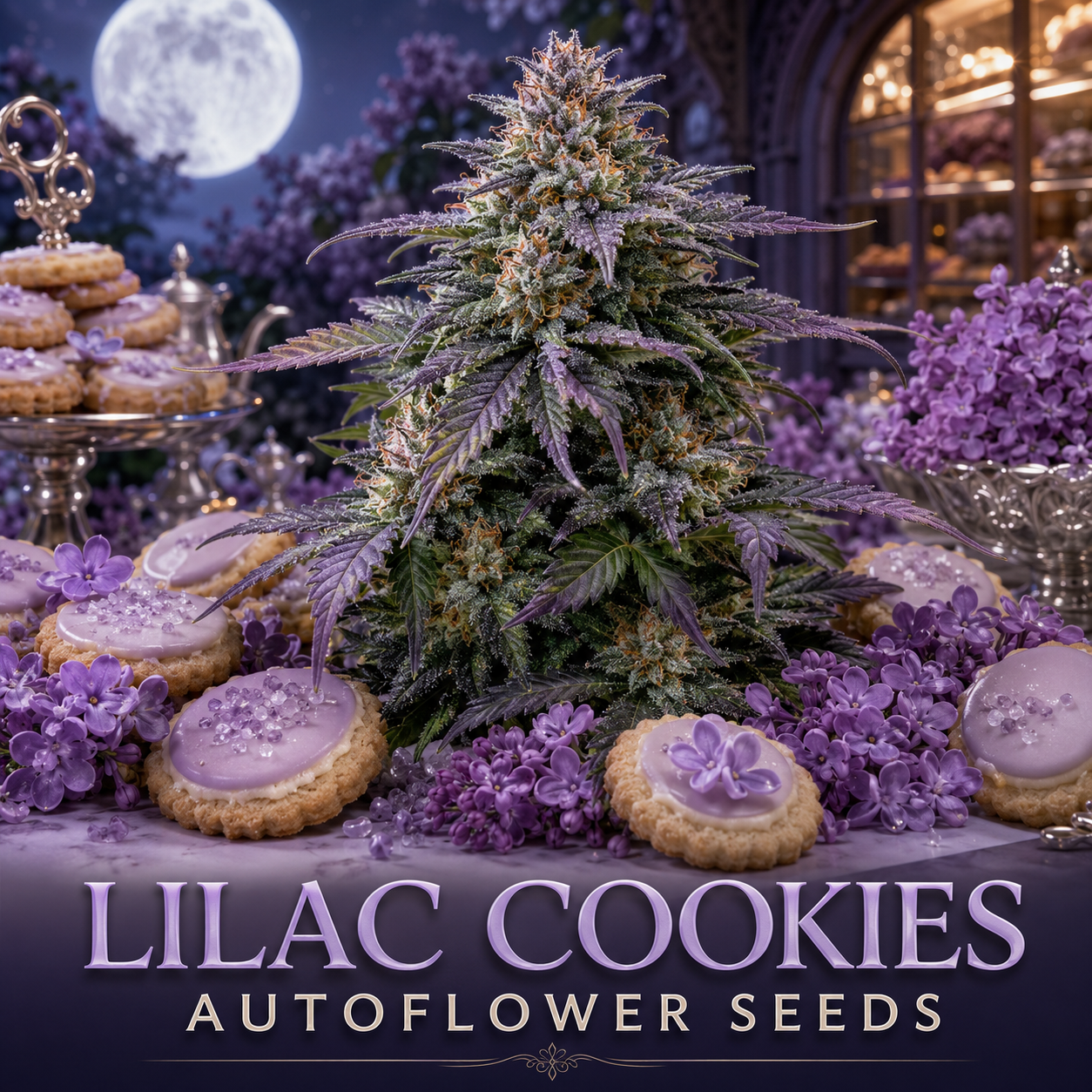 A styled promotional scene with lavender flowers, lilac-sprinkled cookies, and a central cannabis-style plant arrangement under a full moon, with the text 'LILAC COOKIES AUTOFLOWER SEEDS' at the bottom.
