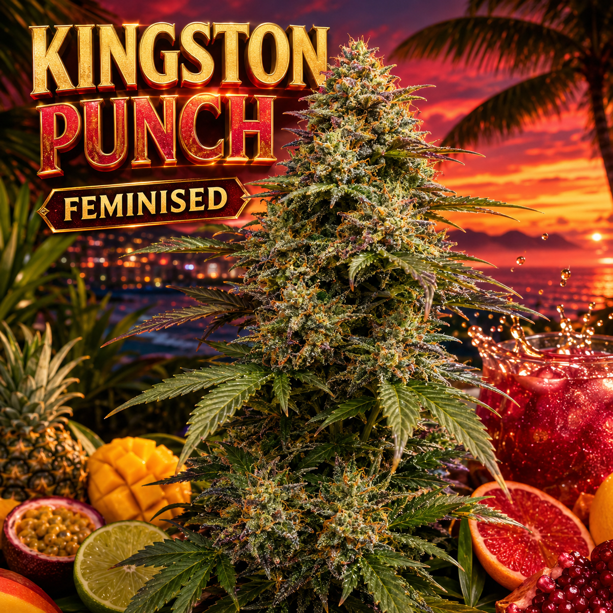 A large, bushy cannabis plant centered in a tropical sunset scene with palm trees, fruit slices, and bold text reading 'KINGSTON PUNCH' and 'FEMINISED'. The product presentation is highly stylized and promotional rather than a plain studio product shot.