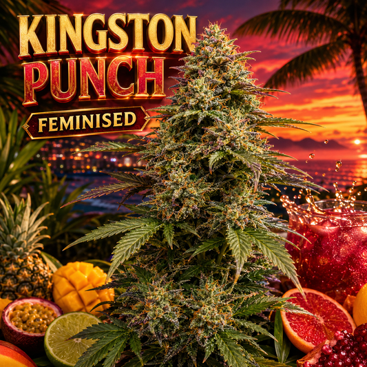 A large, bushy cannabis plant centered in a tropical sunset scene with palm trees, fruit slices, and bold text reading 'KINGSTON PUNCH' and 'FEMINISED'. The product presentation is highly stylized and promotional rather than a plain studio product shot.