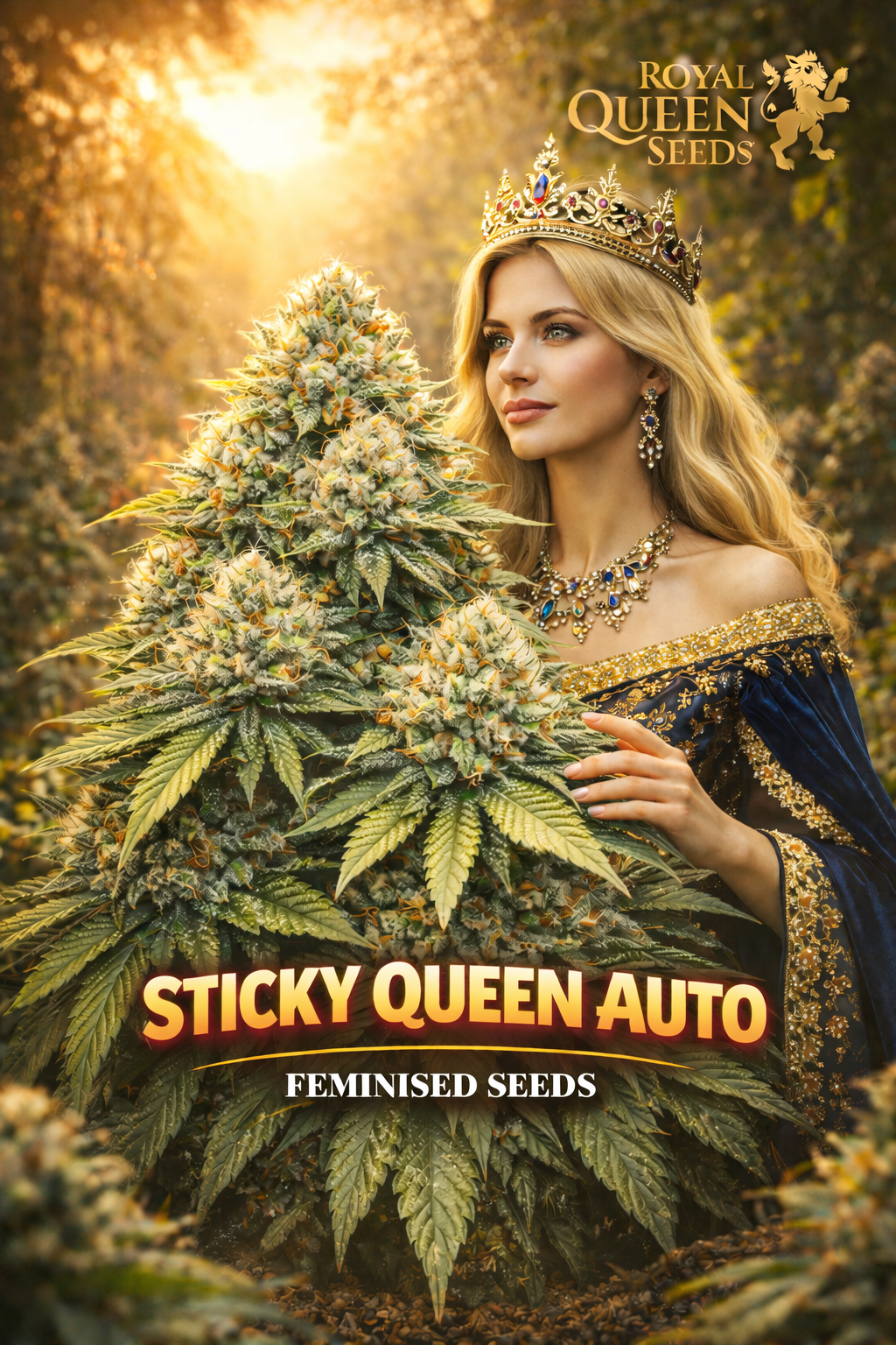 sticky queen auto feminised cannabis plant with dense frosty buds beside a blonde regal queen wearing a jeweled crown and blue-gold gown in a warm golden forest background featuring the royal queen seeds logo