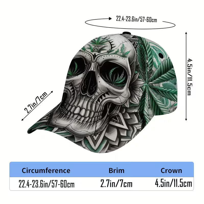 Skull and cannabis leaf geometric print adjustable baseball cap with detailed line art design