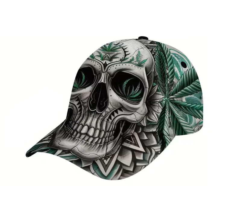 Skull and cannabis leaf geometric print adjustable baseball cap with detailed line art design