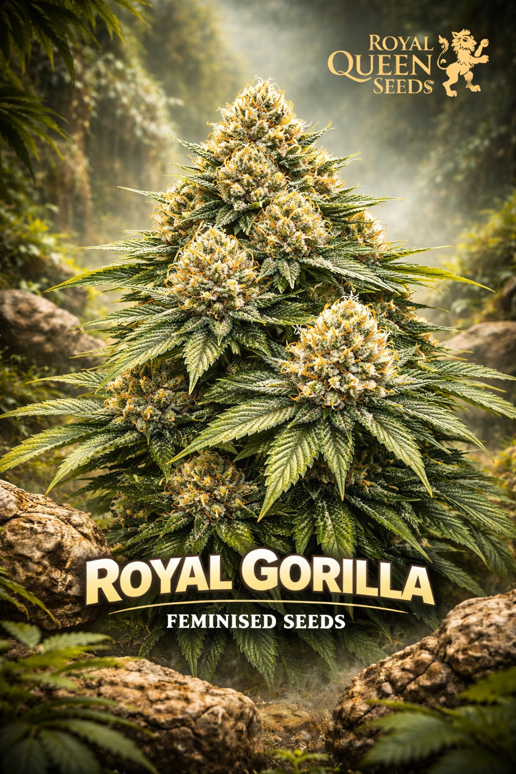Sour Diesel cannabis plant with dense frosty green buds and bright orange pistils, framed by dark green leaves, set against an industrial-style background with metal barrels and soft yellow haze, featuring the Sour Diesel strain name in bold lettering and the Royal Queen Seeds logo.