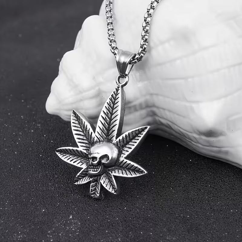Silver cannabis leaf skull pendant necklace with engraved leaf detailing