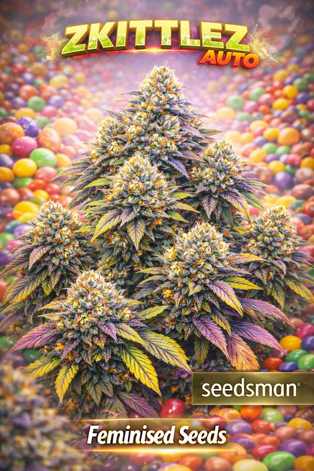Hyper-realistic Zkittlez Auto Feminised cannabis plant with a tall, heavily branched structure and multiple dense, rainbow-coloured buds covered in frosty trichomes, set against a candy-themed background with “Zkittlez Auto – Feminised Seeds – Seedsman” branding.
