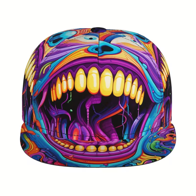Colourful surreal monster teeth graphic printed across structured snapback hat with adjustable closure.