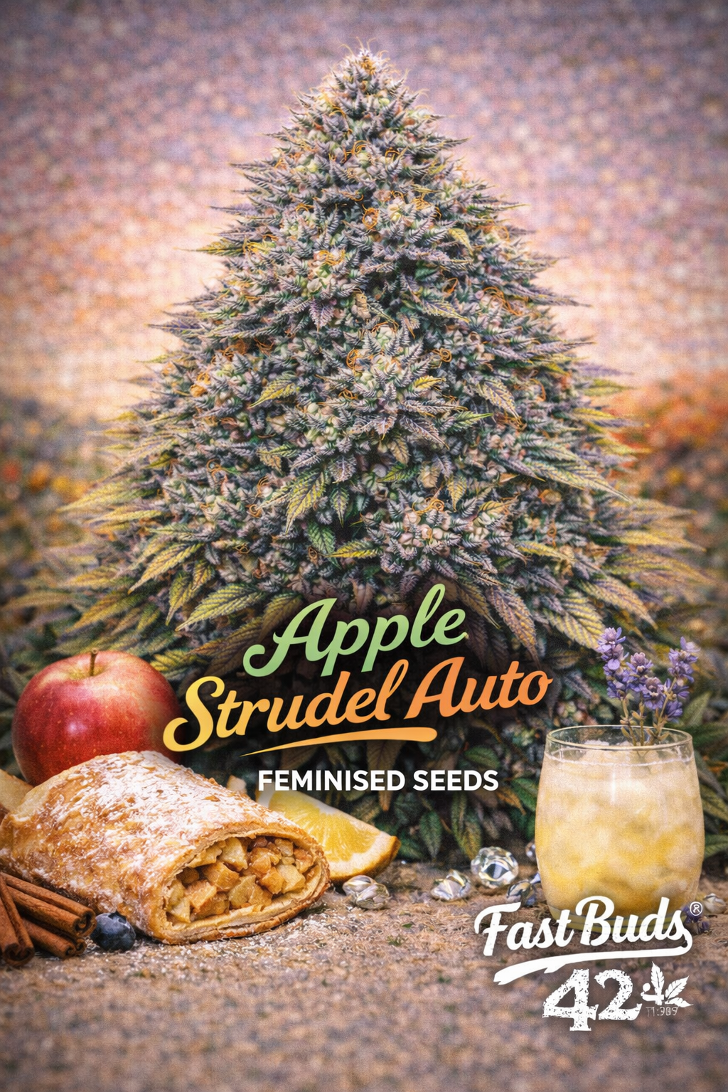 Hyper-realistic promotional artwork of Apple Strudel Auto cannabis plant with dense frosty buds in green, purple, and orange tones, set against a soft autumn-style background. A baked apple strudel, whole apple, cinnamon sticks, and apple slices appear at the bottom. Bold gradient strain name text and Fast Buds branding are clearly displayed.