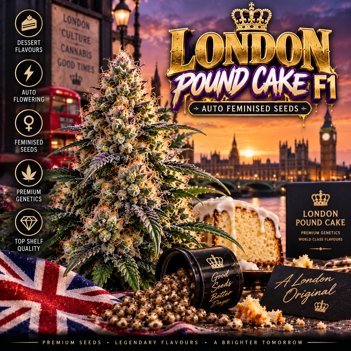 London Pound Cake F1 Auto Feminised Seeds promotional image featuring a resinous cannabis plant, pound cake, scattered seeds and Union Jack details against the London skyline at sunset, with bold gold and purple strain branding.