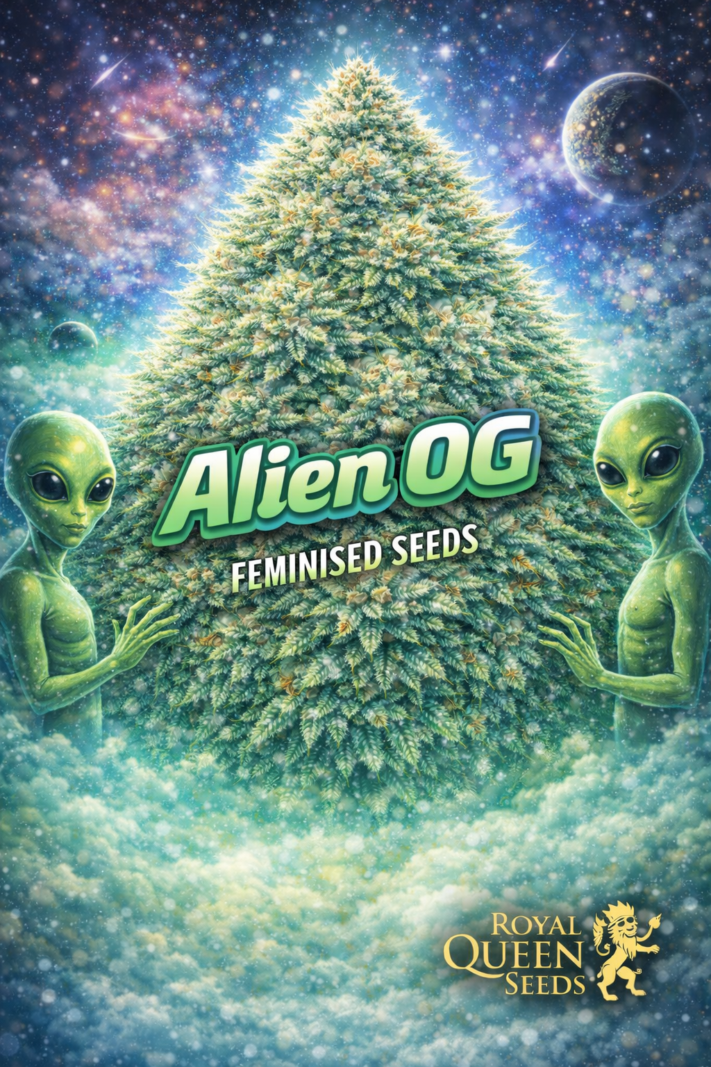 alien og feminised seeds image — hyper-realistic frosty cannabis plant with dense green and silver-tinted buds, deep space background with glowing nebula and stars, subtle extraterrestrial green light accents, bold sci-fi style strain name text, royal queen seeds logo, uk-compliant promotional artwork for laughing leaf seeds