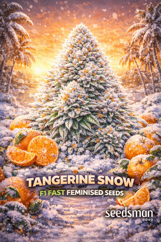 Hyper-realistic promotional image of a large frosty Tangerine Snow F1 Fast cannabis bud covered in snow and orange pistils, surrounded by ripe tangerines dusted with frost. Snow-covered palm trees frame a glowing orange sunset in the background. Bold “Tangerine Snow F1 Fast Feminised Seeds” text appears at the bottom with the Seedsman logo.