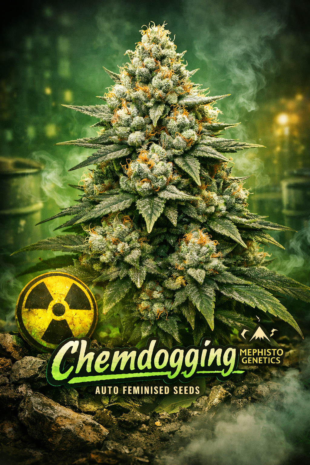 Chemdogging Auto Feminised Seeds – Mephisto Genetics — hyper-realistic cannabis plant with dense frosty buds, deep green fan leaves, and orange pistils; set in a radioactive-themed scene with glowing green fog, cracked ground, and a yellow radiation symbol in the foreground; Mephisto Genetics logo and bold strain name displayed at the bottom.