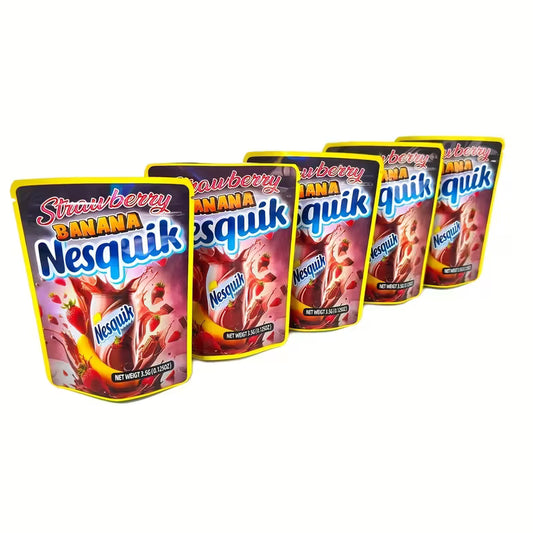 Multiple packages of Strawberry Banana Nesquik on a white background