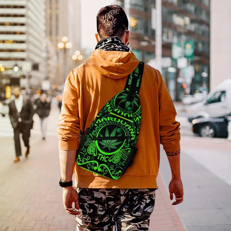 Green cannabis leaf pattern crossbody chest bag with adjustable shoulder strap