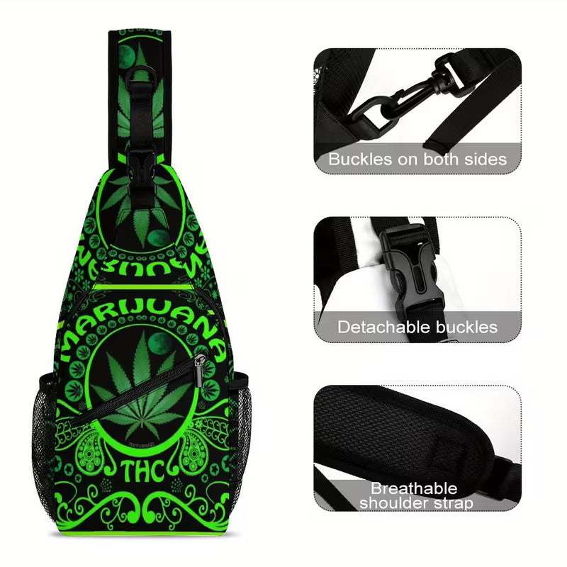 Green cannabis leaf pattern crossbody chest bag with adjustable shoulder strap