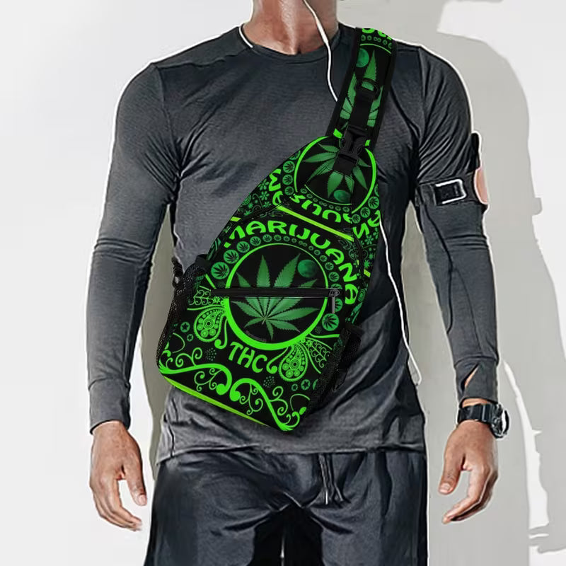 Person wearing a gray long-sleeve shirt with a green and black patterned bag over their shoulder.