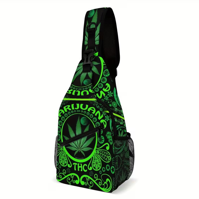 Green cannabis leaf pattern crossbody chest bag with adjustable shoulder strap