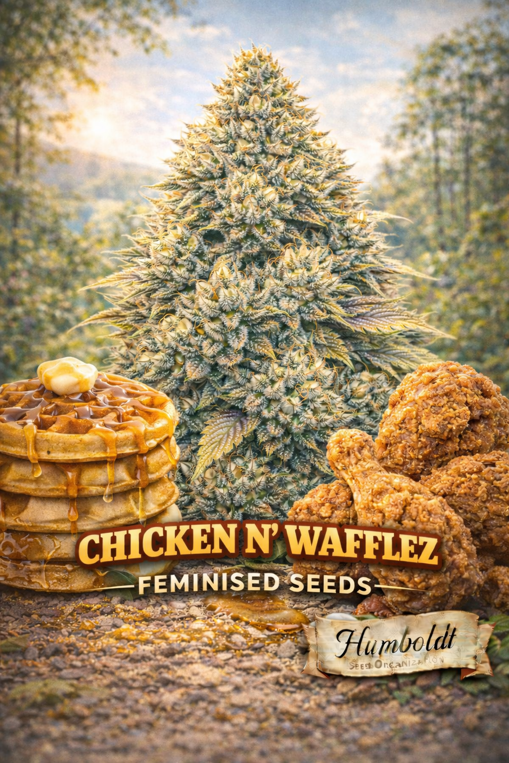 Hyper-realistic Chicken n’ Wafflez cannabis plant artwork with dense frosty buds, warm countryside background, stack of syrup-covered waffles and crispy fried chicken in the foreground, strain name ‘Chicken n’ Wafflez Feminised Seeds’ and Humboldt Seed Co. logo at bottom