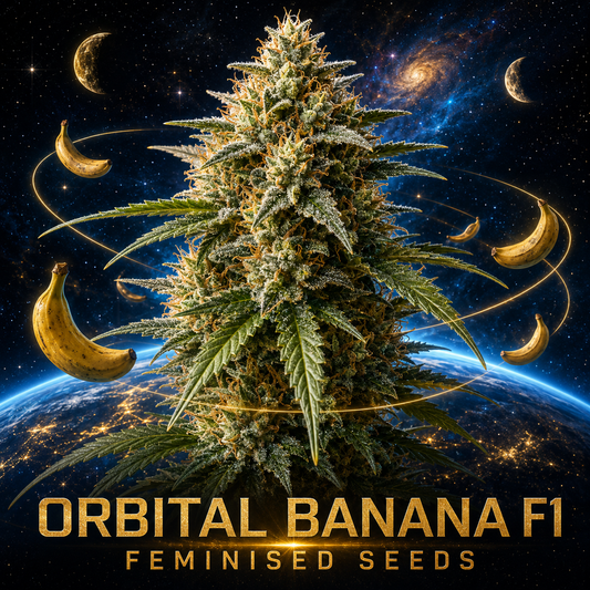 A large cannabis bud centered over a planet in a space scene, with several floating bananas and the text 'ORBITAL BANANA F1' and 'FEMINISED SEEDS' at the bottom.