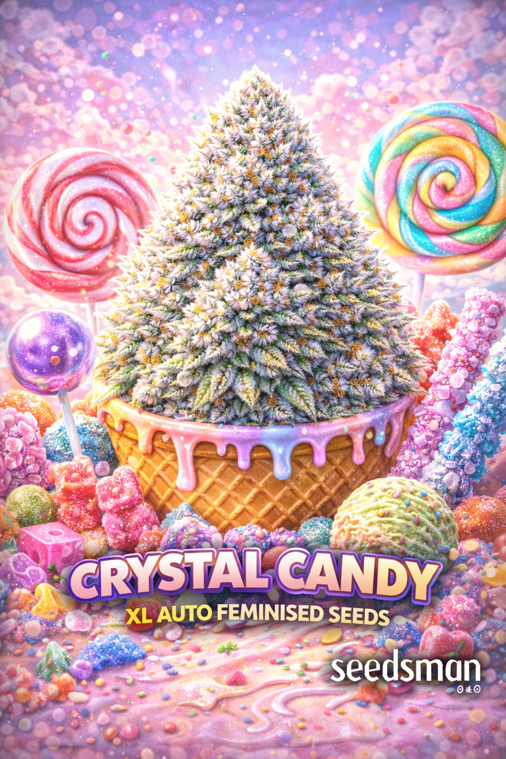 Hyper-realistic promotional image of a giant frosty Crystal Candy XL Auto cannabis bud shaped like a sparkling Christmas tree, coated in white crystal-like trichomes and golden pistils. The bud sits in a dripping pastel ice-cream waffle bowl, surrounded by colourful candies, rock sugar, lollipops, gummy bears, and glittering sweets. A dreamy pink-purple candyland background completes the scene. Bold “Crystal Candy XL Auto Feminised Seeds” text appears at the bottom with the Sweet Seeds logo.