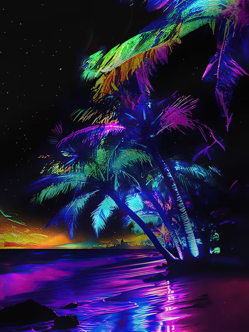 Neon palm tree sunset shirt with psychedelic tropical night beach design zoomed in