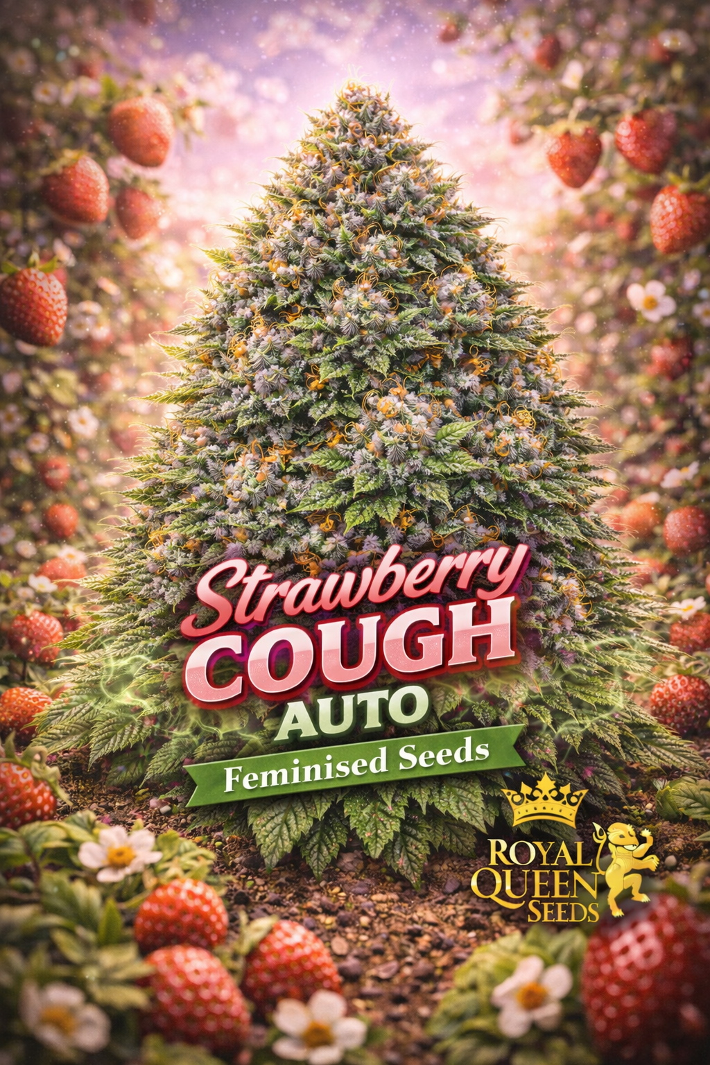 Hyper-realistic promotional artwork of “Strawberry Cough Feminised Seeds – Royal Queen Seeds,” featuring a dense, frosty cannabis plant with green and purple buds and bright orange pistils. The background is a soft strawberry field with ripe strawberries and blossoms as subtle strain cues. Bold pink-and-red “Strawberry Cough” text, a “Feminised Seeds” banner, and the Royal Queen Seeds lion logo appear at the bottom. No grow equipment shown.
