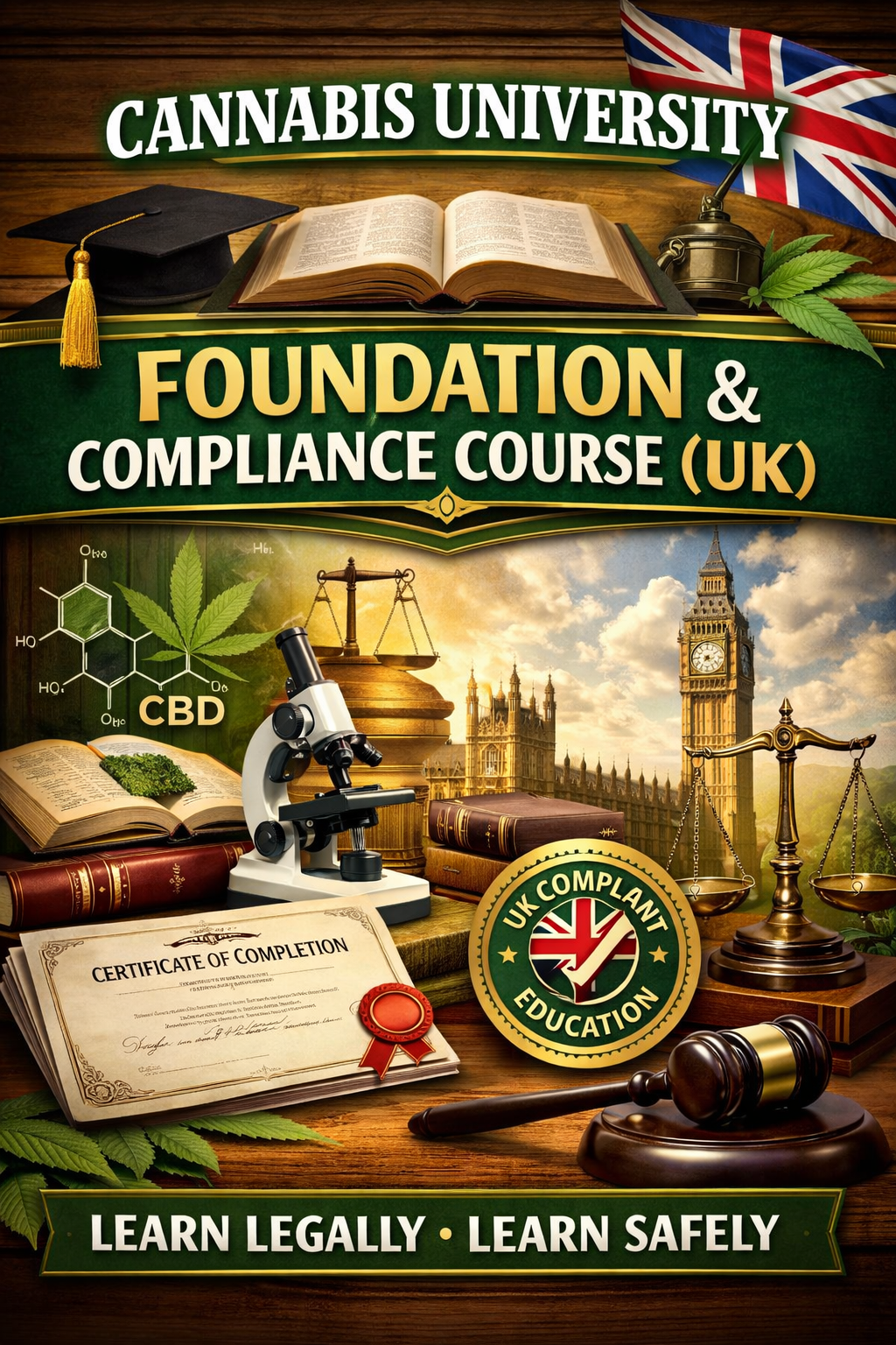 Cannabis University Foundation & Compliance Course UK promotional image showing scientific cannabis research, legal education themes, academic branding, and professional compliance-focused design