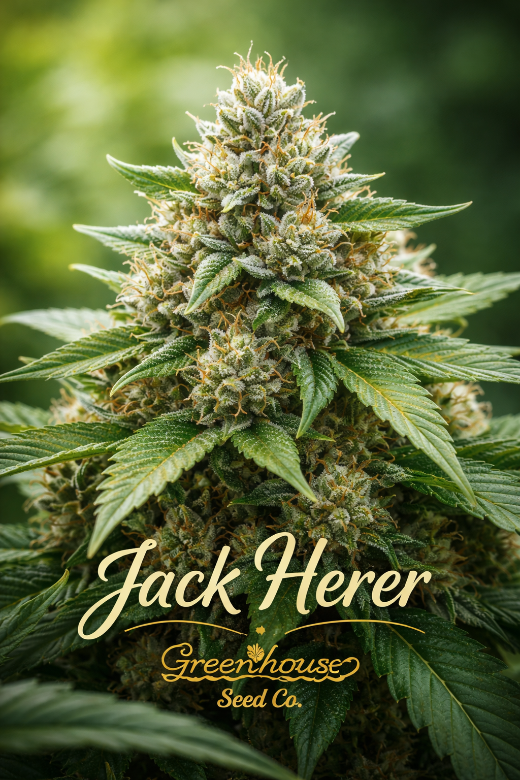 Jack Herer Feminised Seeds by Greenhouse Seed Co. shown as a hyper-realistic cannabis plant with dense, frost-covered multi-branch colas, vibrant green foliage and orange pistils, photographed straight-on against a soft natural outdoor background, with the Jack Herer strain name and Greenhouse Seed Co. logo centred along the bottom of the image.