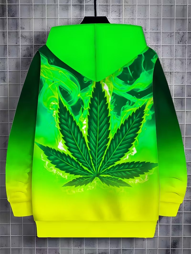 4 Bright green cannabis leaf zip hoodie with bold gradient streetwear design