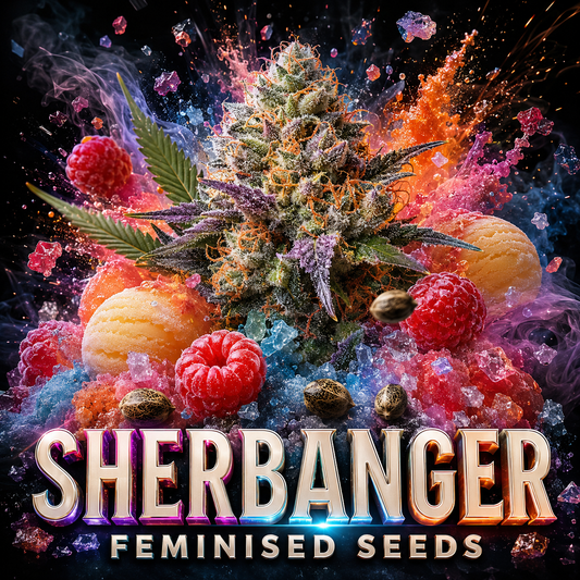 Promotional graphic for 'Sherbanger Feminised Seeds' featuring a large cannabis bud surrounded by raspberries, orange fruits, and colorful powder effects on a black background, with the text 'SHERBANGER FEMINISED SEEDS' at the bottom.