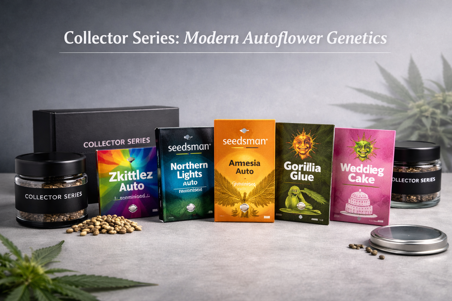 Collector Series Modern Autoflower Genetics bundle featuring Zkittlez Auto, Northern Lights Auto, Amnesia Auto, Gorilla Glue Auto and Wedding Cake Auto seed packs in a sleek studio display