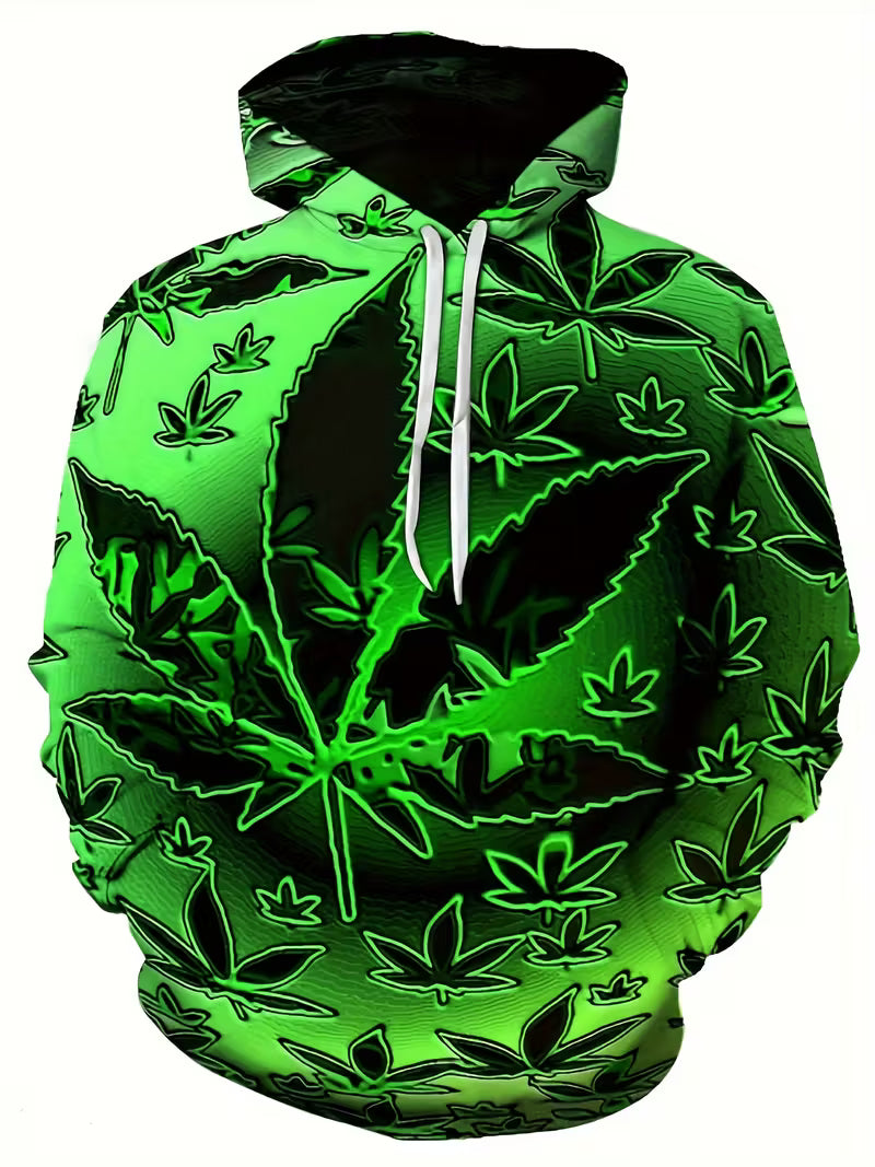 Neon green cannabis leaf glow hoodie with all-over luminous weed pattern streetwear 1