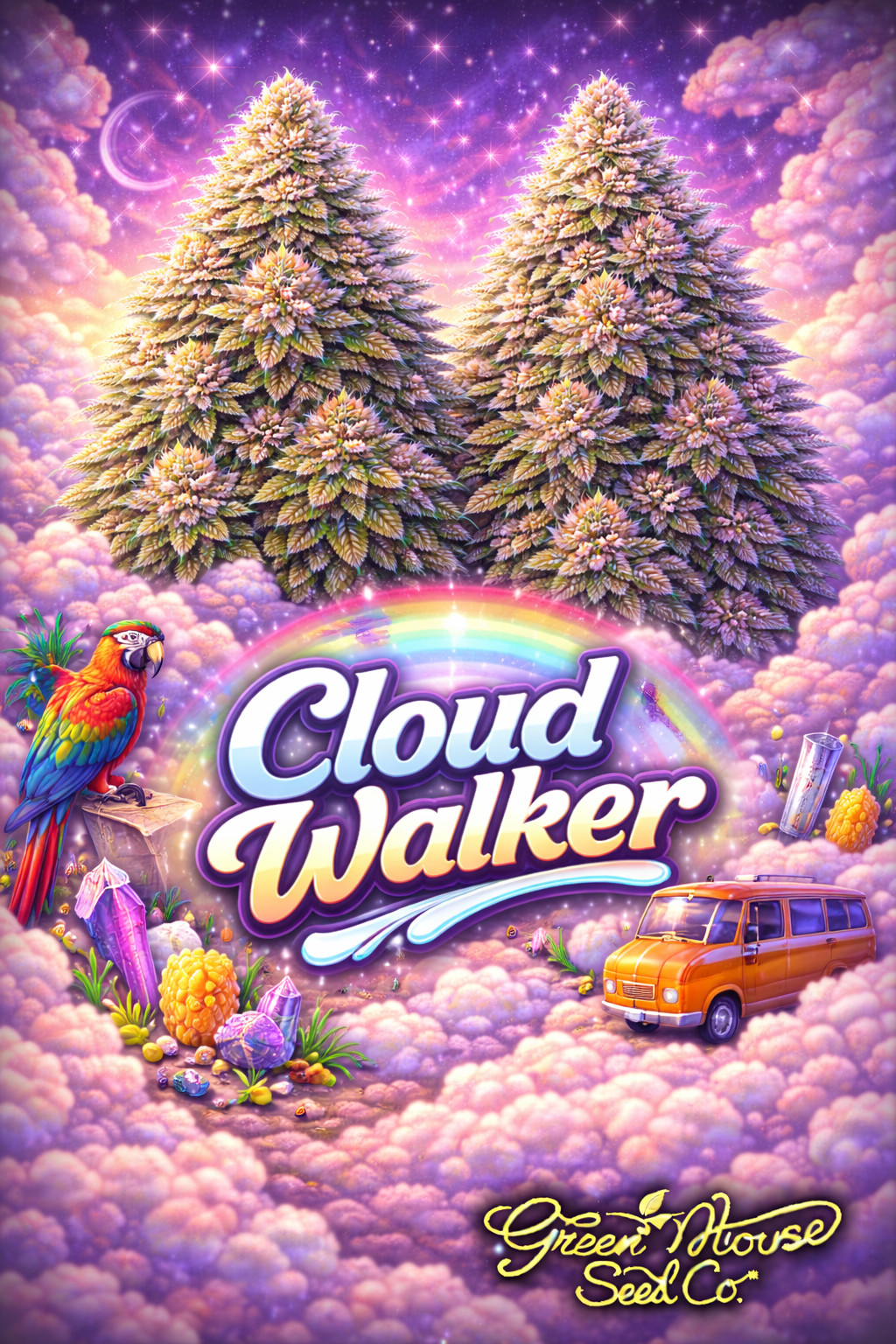 Hyper-realistic promotional artwork for Cloud Walker Feminised Seeds by Greenhouse Seed Co., featuring multiple dense frosty cannabis plants set within a dreamy cloudscape under a purple cosmic sky, with a colourful macaw, rainbow accents, crystals, and a retro van in the foreground, bold strain text, and the Greenhouse Seed Co. logo.