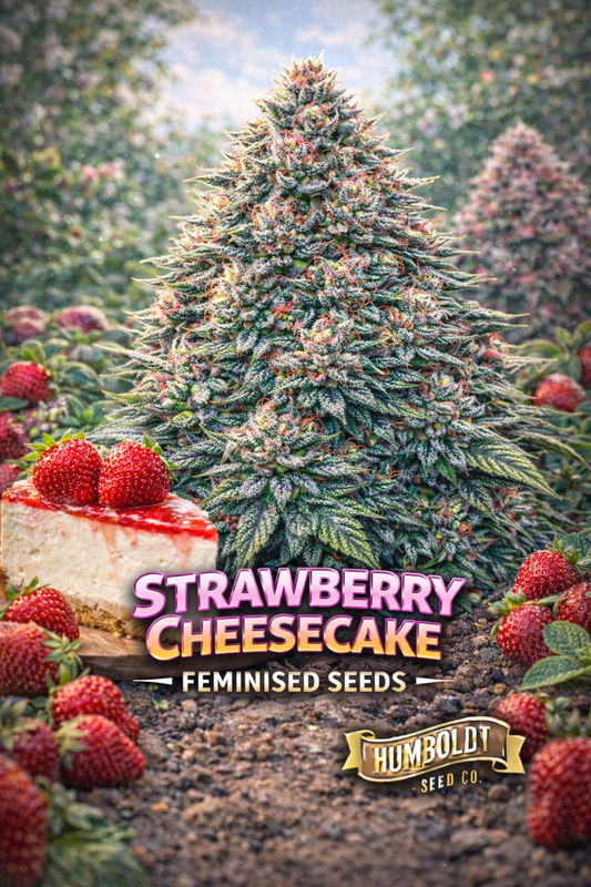 Strawberry Cheesecake Feminised Seeds by Humboldt Seed Co – hyper-realistic frosty cannabis plant with pink-tinted buds and orange pistils, surrounded by ripe strawberries, with a slice of strawberry cheesecake in the foreground; bold STRAWBERRY CHEESECAKE text centred at the bottom with the Humboldt Seed Co logo underneath