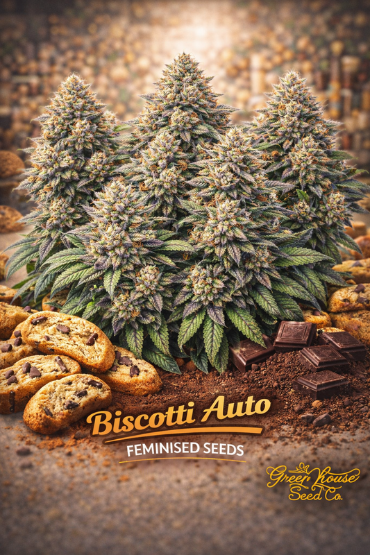 A realistic Biscotti Auto cannabis plant cluster surrounded by biscotti biscuits and chocolate pieces, with the strain name and Greenhouse Seed Co. logo visible.