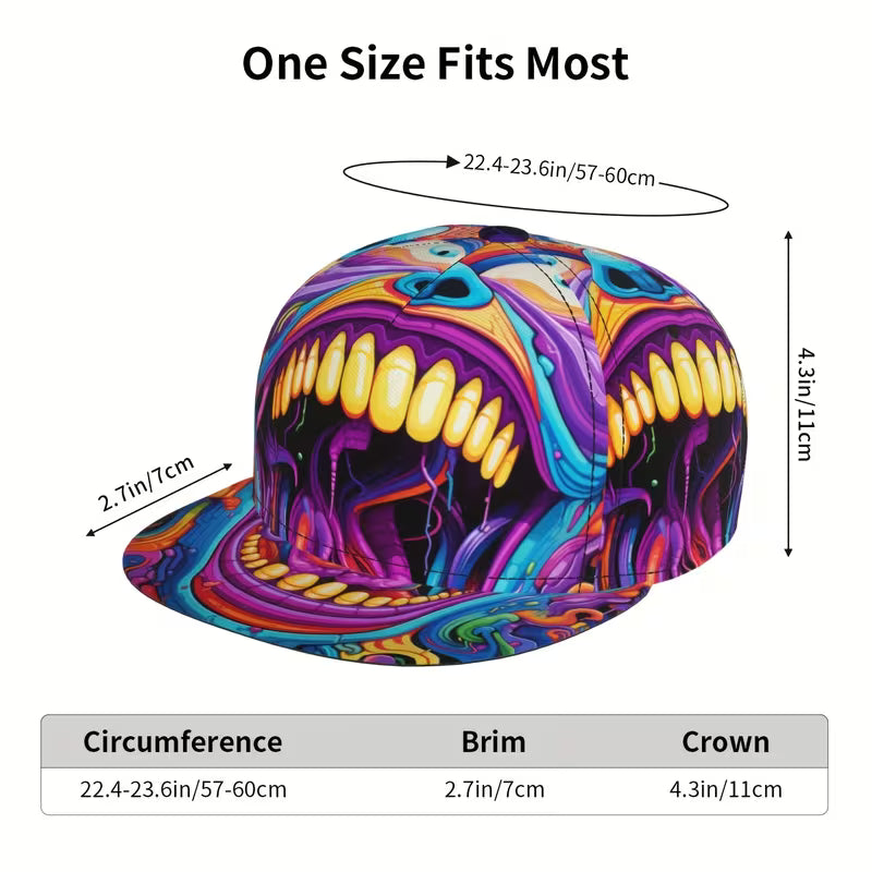 Statement streetwear baseball cap with psychedelic creature mouth illustration wrapping around crown and brim.