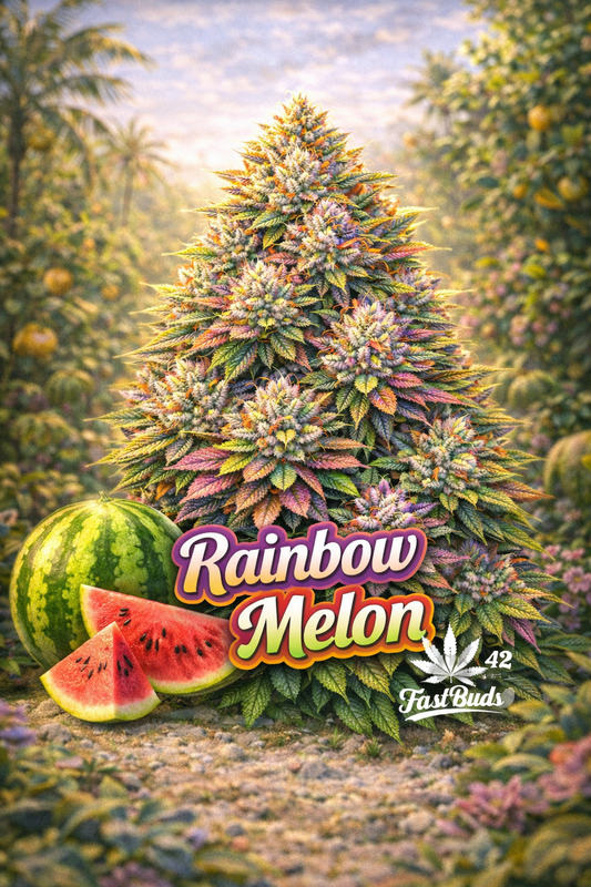 High-definition promotional artwork for Rainbow Melon Feminised Seeds by Fast Buds, showing a colourful, multi-toned cannabis plant with frosty buds and varied leaf hues in a soft orchard-style backdrop, with melon slices, bold strain text, and the Fast Buds logo positioned at the bottom.